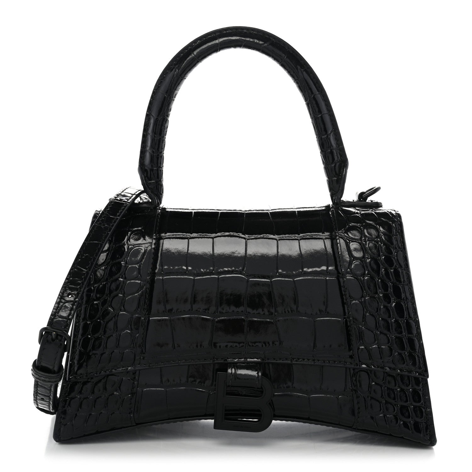 Balenciaga Shiny Calfskin Monochrome Crocodile Embossed Small Hourglass Top Handle Bag Black 1 of 12