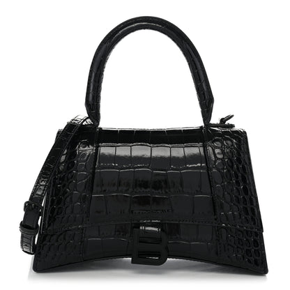 Balenciaga Shiny Calfskin Monochrome Crocodile Embossed Small Hourglass Top Handle Bag Black 1 of 12