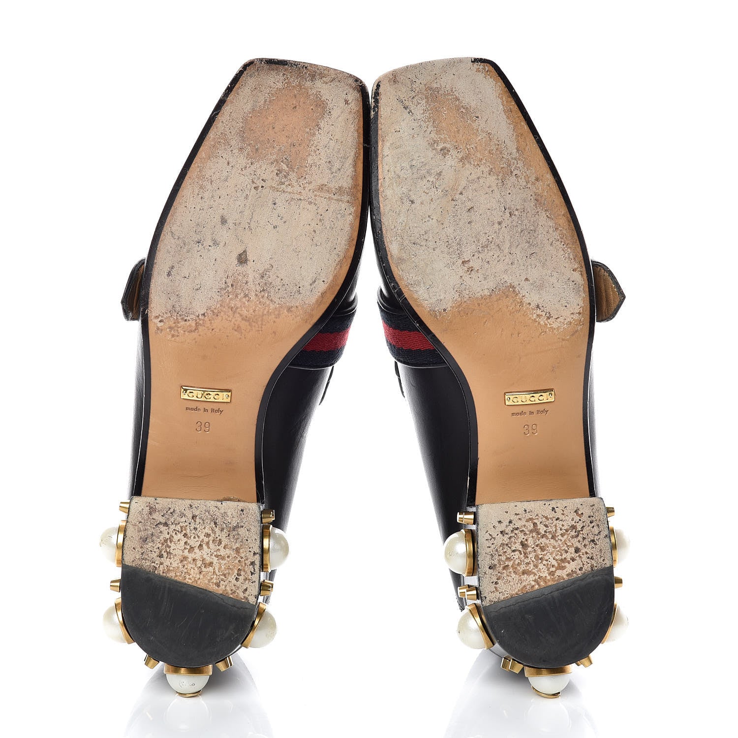 Gucci Betis Glamour Calfskin Web Pearl Embellished Peyton 35mm Loafer Pumps 39 Black 7 of 18