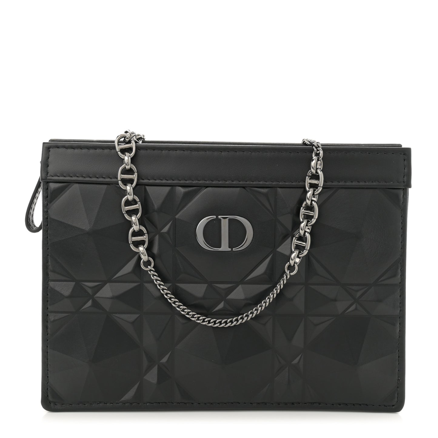 Calfskin Macrocannage Diamond Caro Zipped Pouch With Chain Black