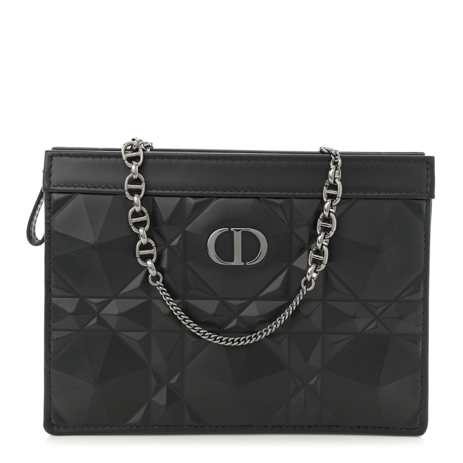 Christian Dior Calfskin Macrocannage Diamond Caro Zipped Pouch With Chain Black 1 of 14