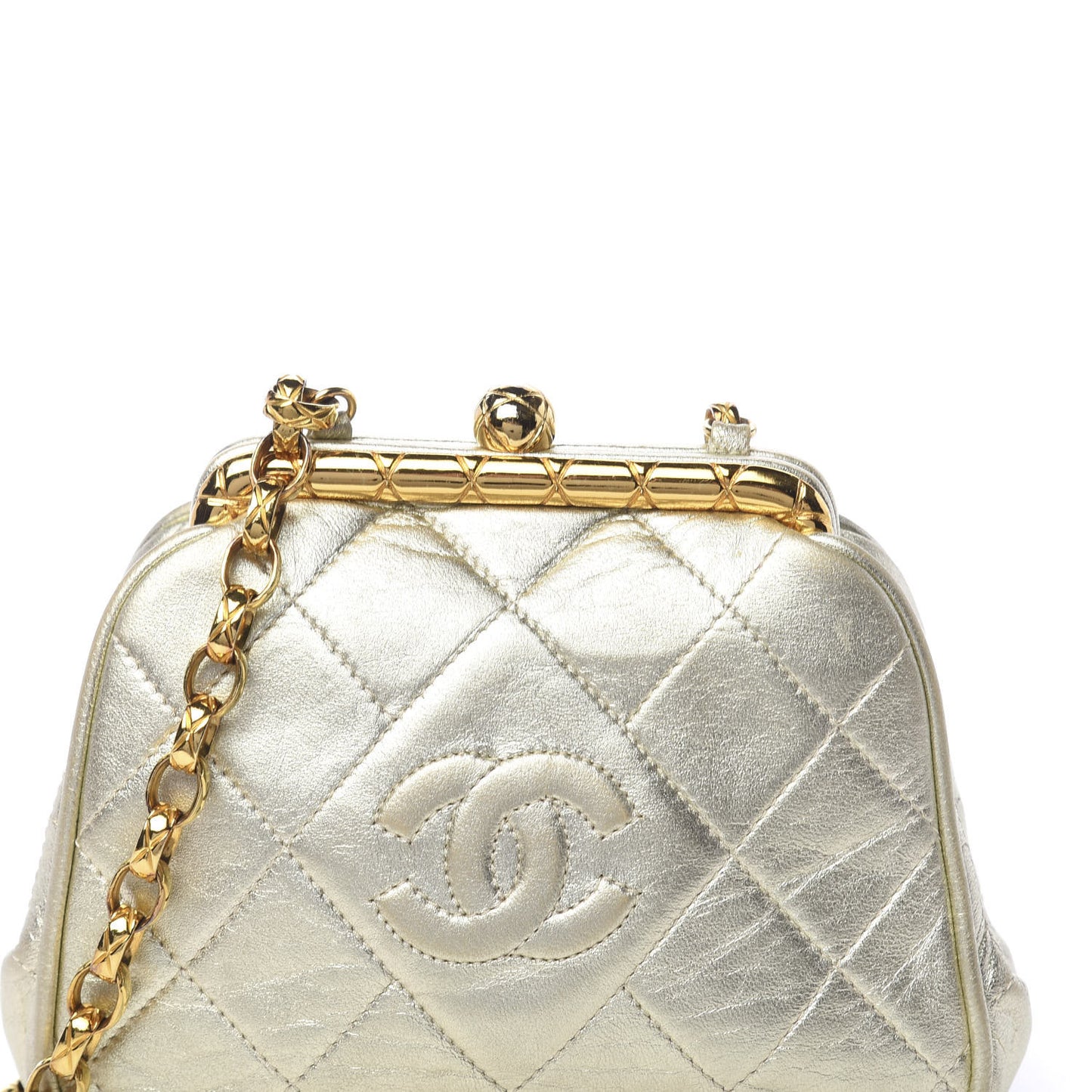 Metallic Lambskin Quilted CC Kiss Lock Evening Clutch Gold