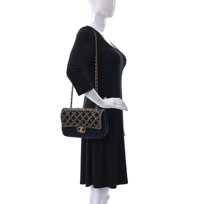 Chanel Tweed Sequin Timeless Classic Chained Double Flap Navy Blue 2 of 12