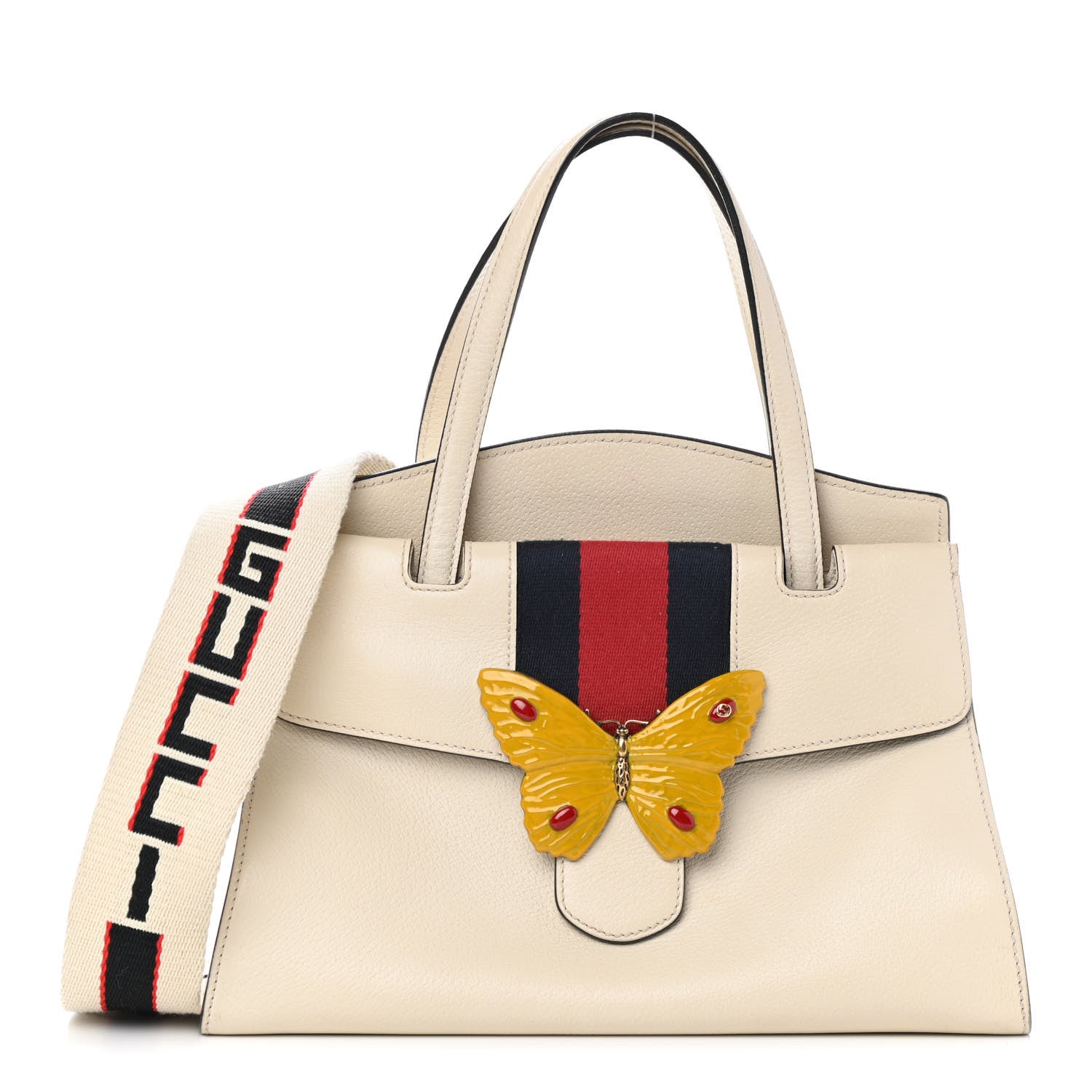 Gucci Grained Calfskin Web Stripe Butterfly Medium Totem Top Handle Bag White 1 of 4
