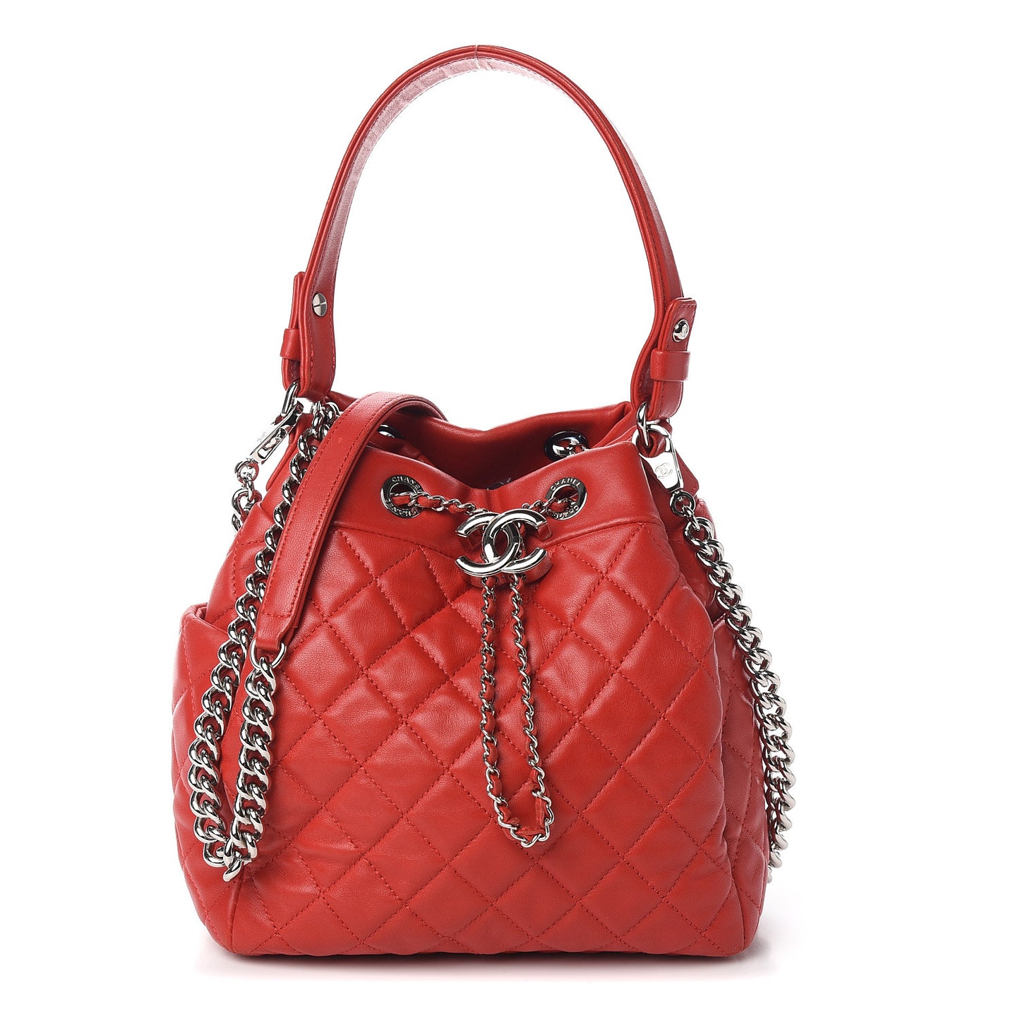 Lambskin Quilted Small CC Chain Drawstring Bucket Bag Red