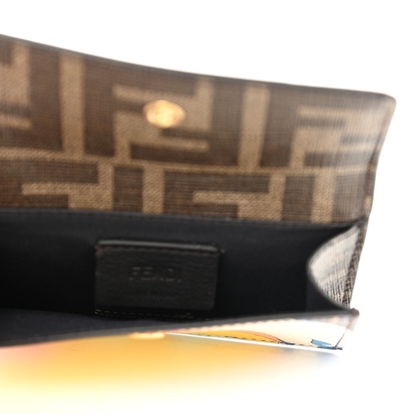 Glazed Fabric Vitello Liberty FF 1974 Logo Hairdo Girls Inlay Fold Over Card Holder Wallet Mogano Panna Multicolor