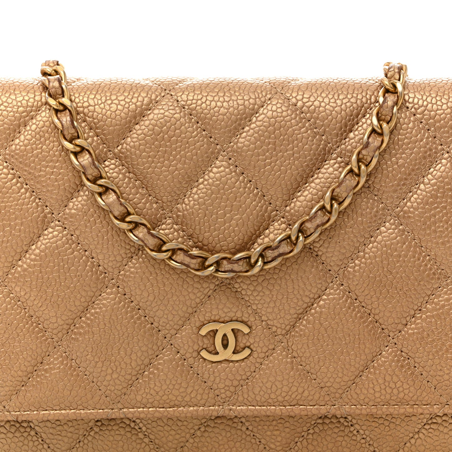 Metallic Caviar Quilted Wallet On Chain WOC Dark Gold