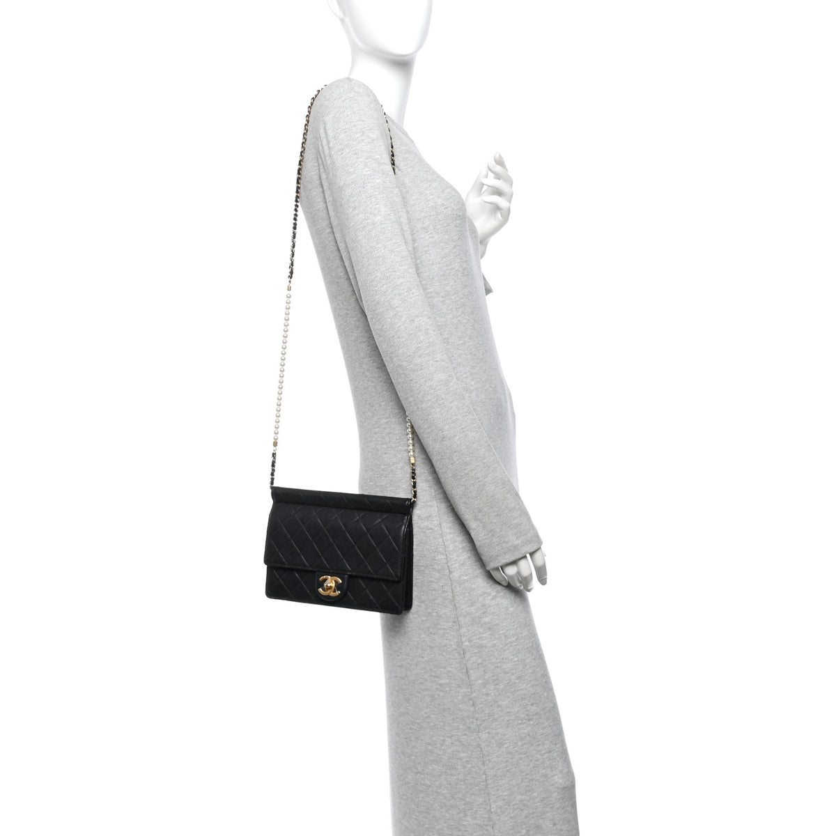 Lambskin Quilted Large Pearl Chain Flap Bag Black