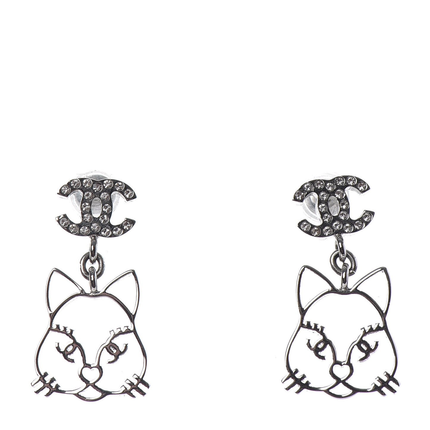 Crystal Emoji Choupette Cat CC Earrings Silver