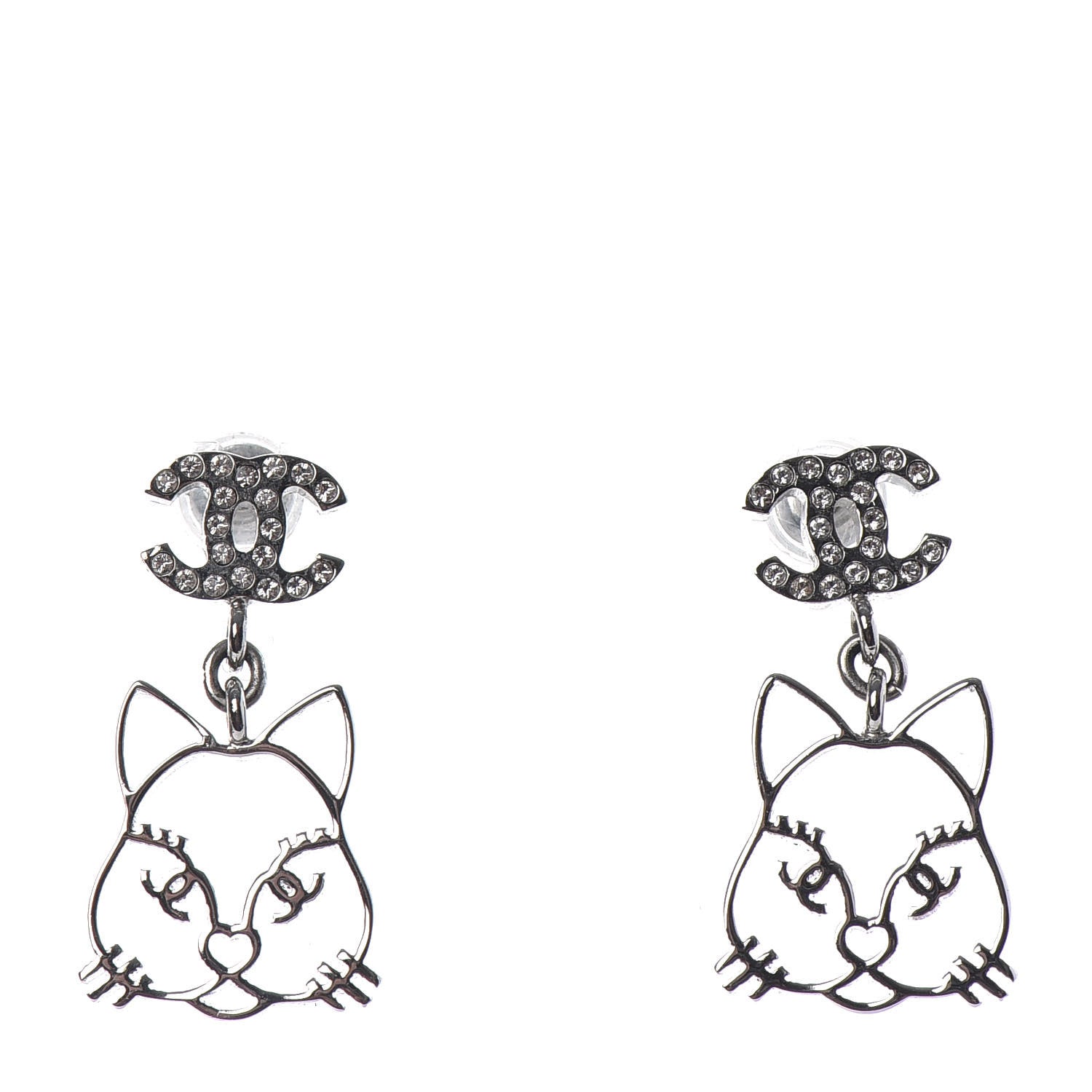 Chanel Crystal Emoji Choupette Cat CC Earrings Silver 1 of 4