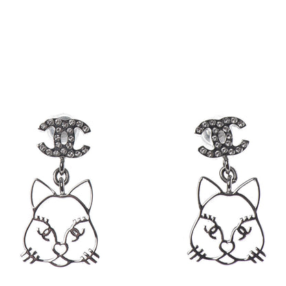 Chanel Crystal Emoji Choupette Cat CC Earrings Silver 1 of 4