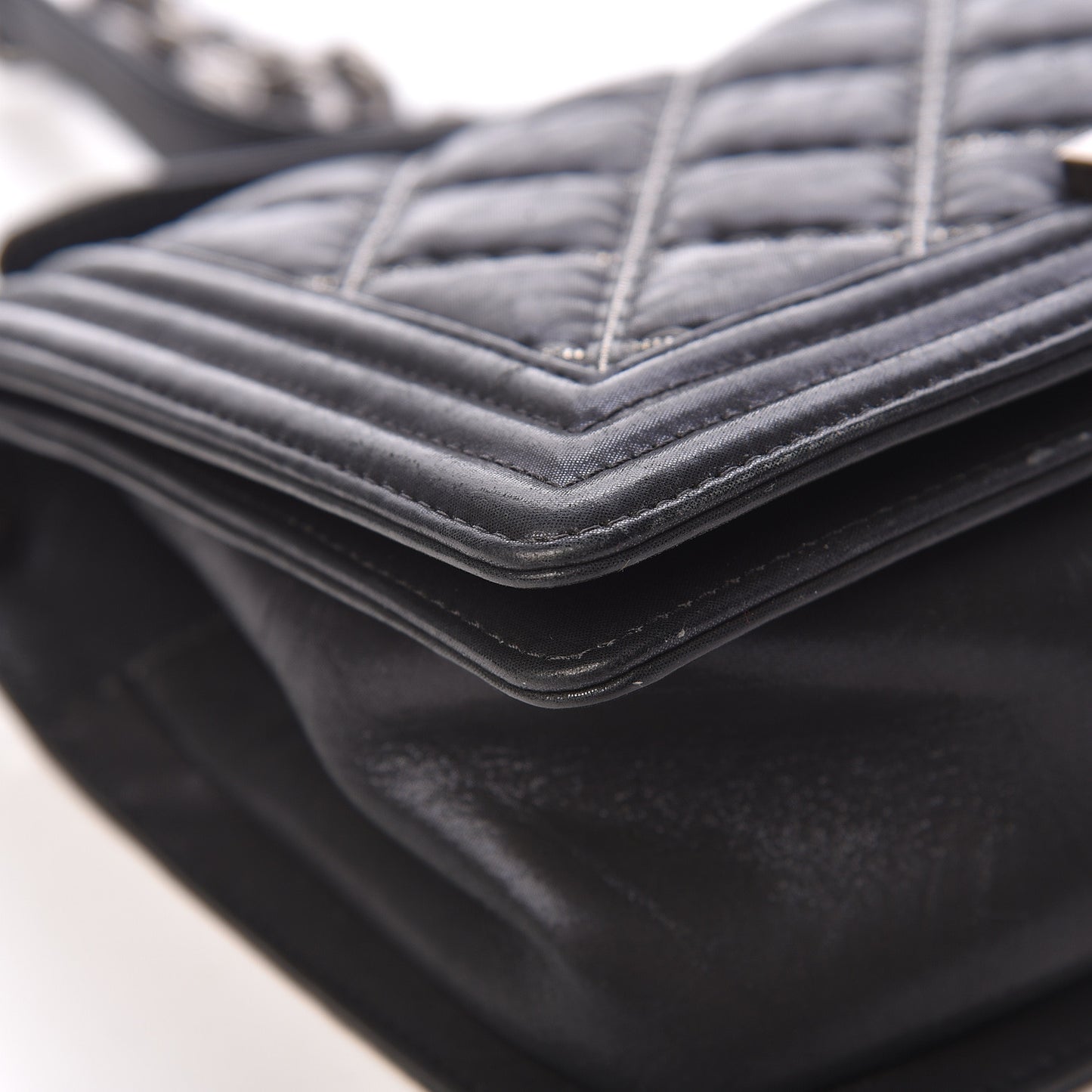 Iridescent Calfskin Embellished Double Stitch Medium Boy Flap Black
