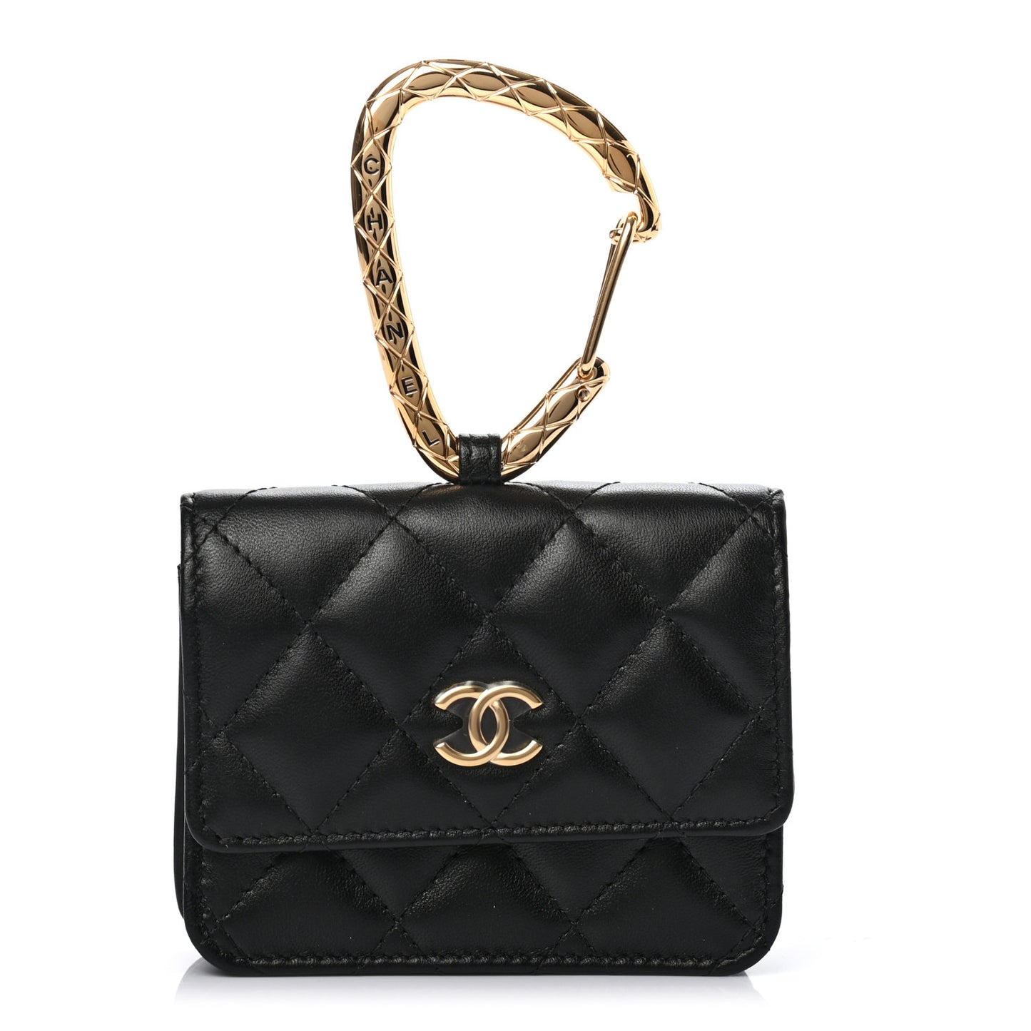 Lambskin Quilted CC Hook Card Holder Black