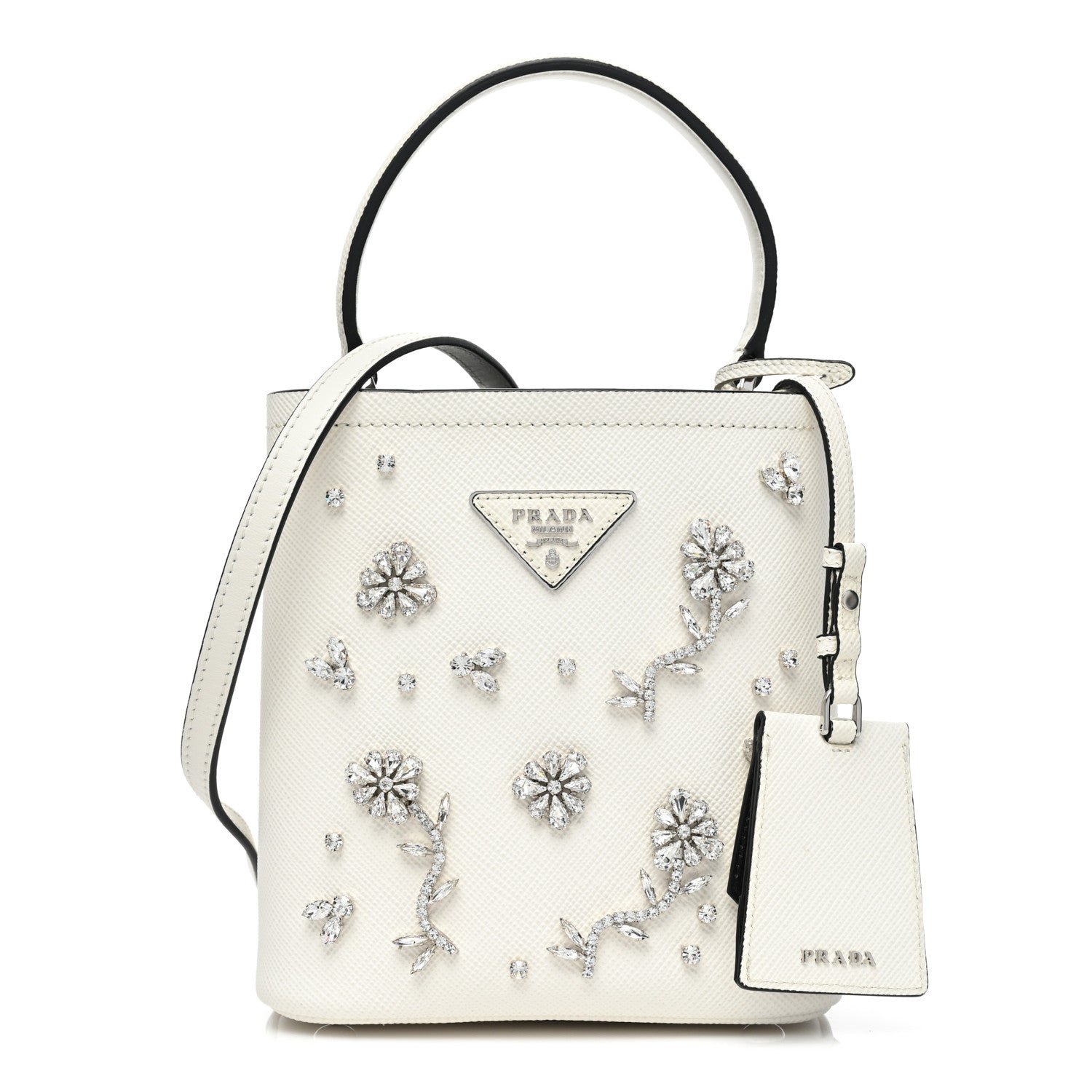 Prada Saffiano Cuir Crystal Small Panier Bucket Bag White Black 1 of 6