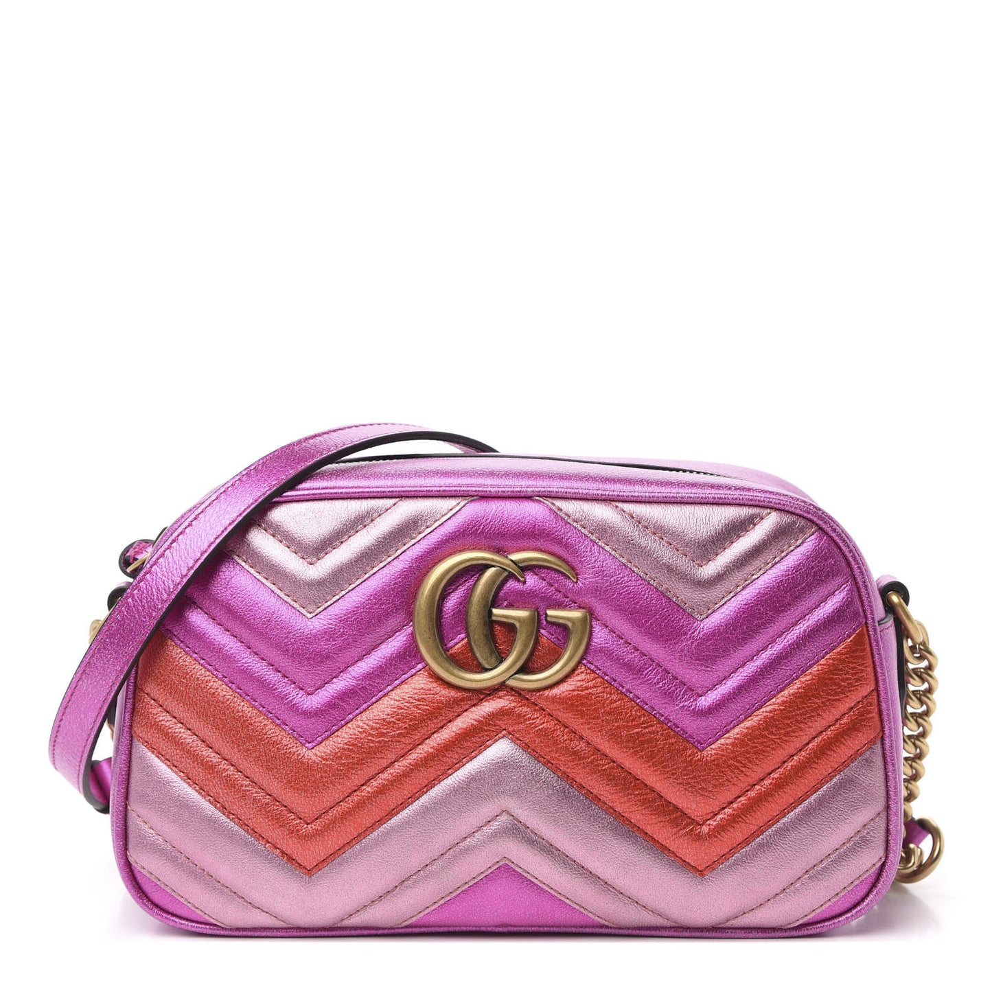 Laminated Nappa Matelasse Small GG Marmont Chain Shoulder Bag Fuxia Rosso Rosa
