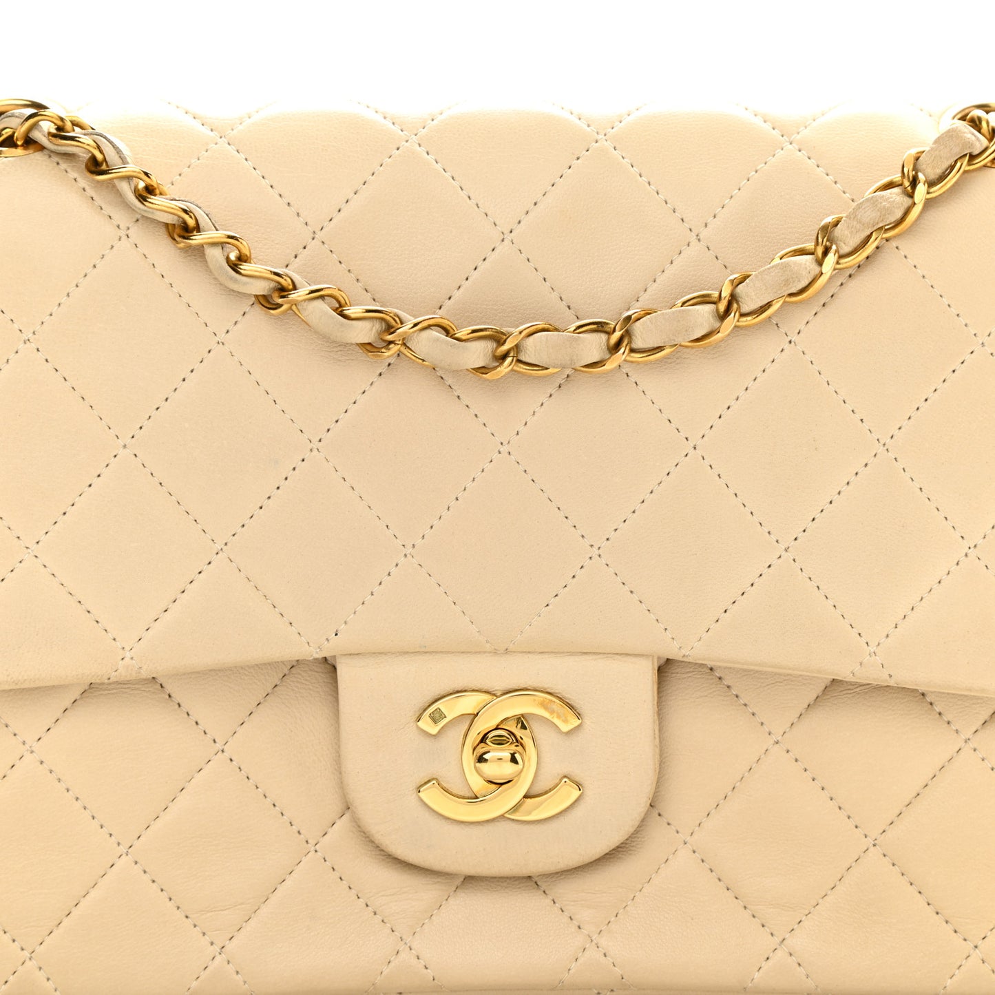 Lambskin Quilted Medium Double Flap Beige