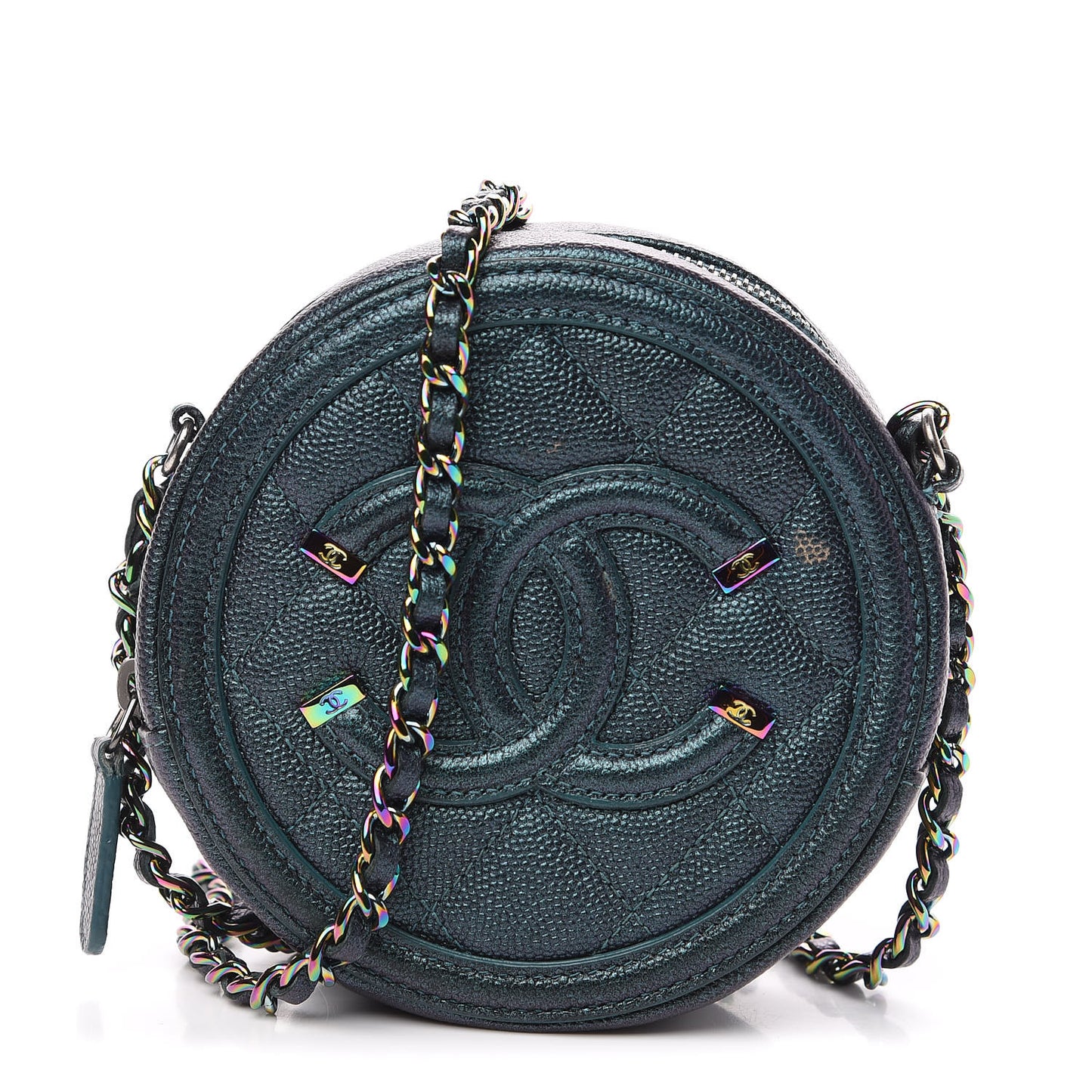 Iridescent Caviar Quilted Round Filigree Crossbody Dark Turquoise