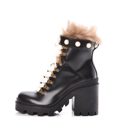 Gucci Magnum Calfskin Fur Pearl Lace Up Combat Ankle Boots 36 Black Naturale 1 of 7