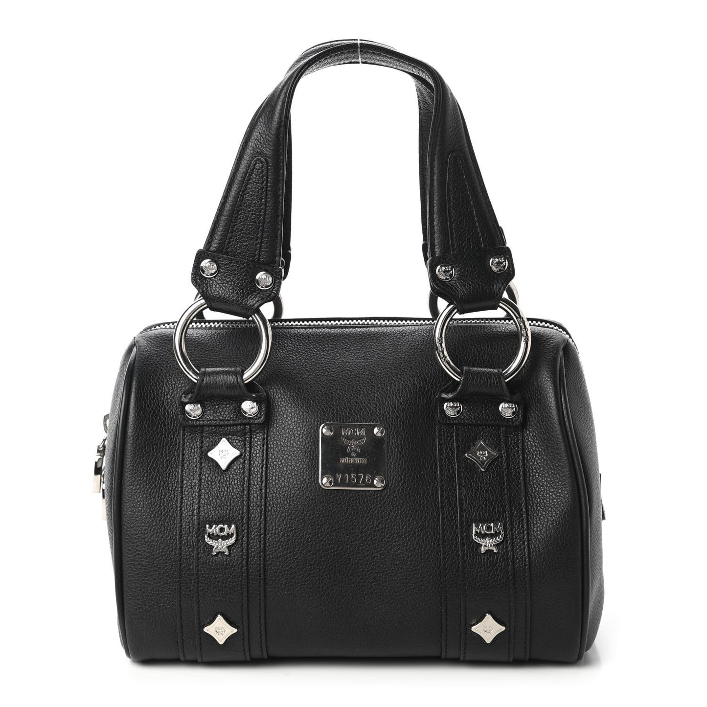 Grained Calfskin Studded Boston Bag Black