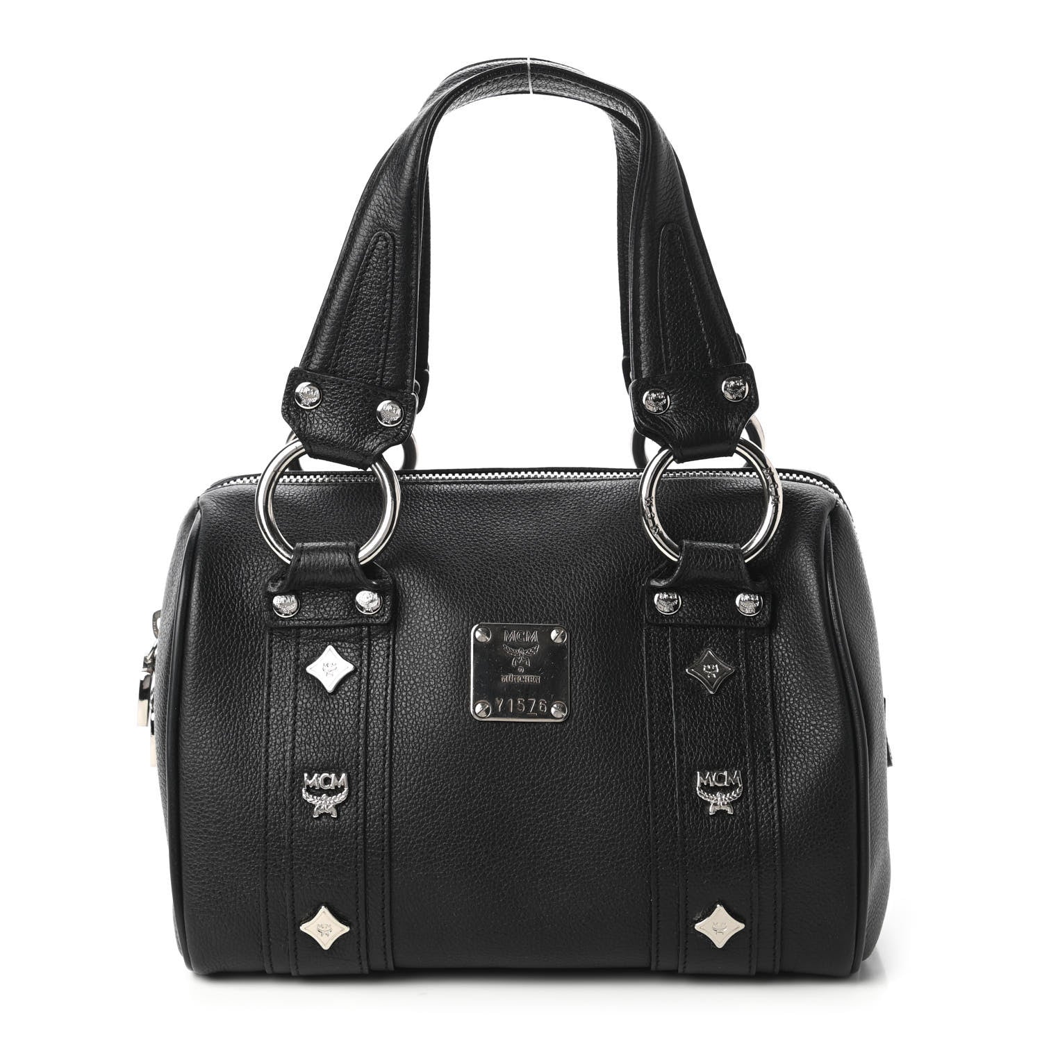 MCM Grained Calfskin Studded Boston Bag Black 1 of 9