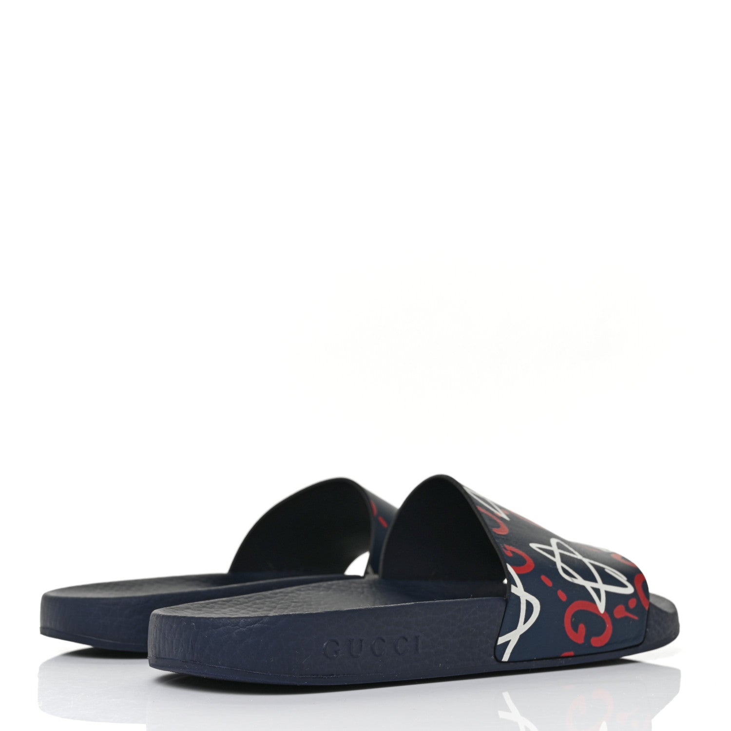 Gucci Calfskin GucciGhost Print Womens Slide Sandals 38 Blue Agata Hibiscus Red 4 of 7