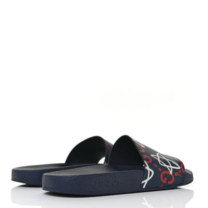 Gucci Calfskin GucciGhost Print Womens Slide Sandals 38 Blue Agata Hibiscus Red 4 of 7