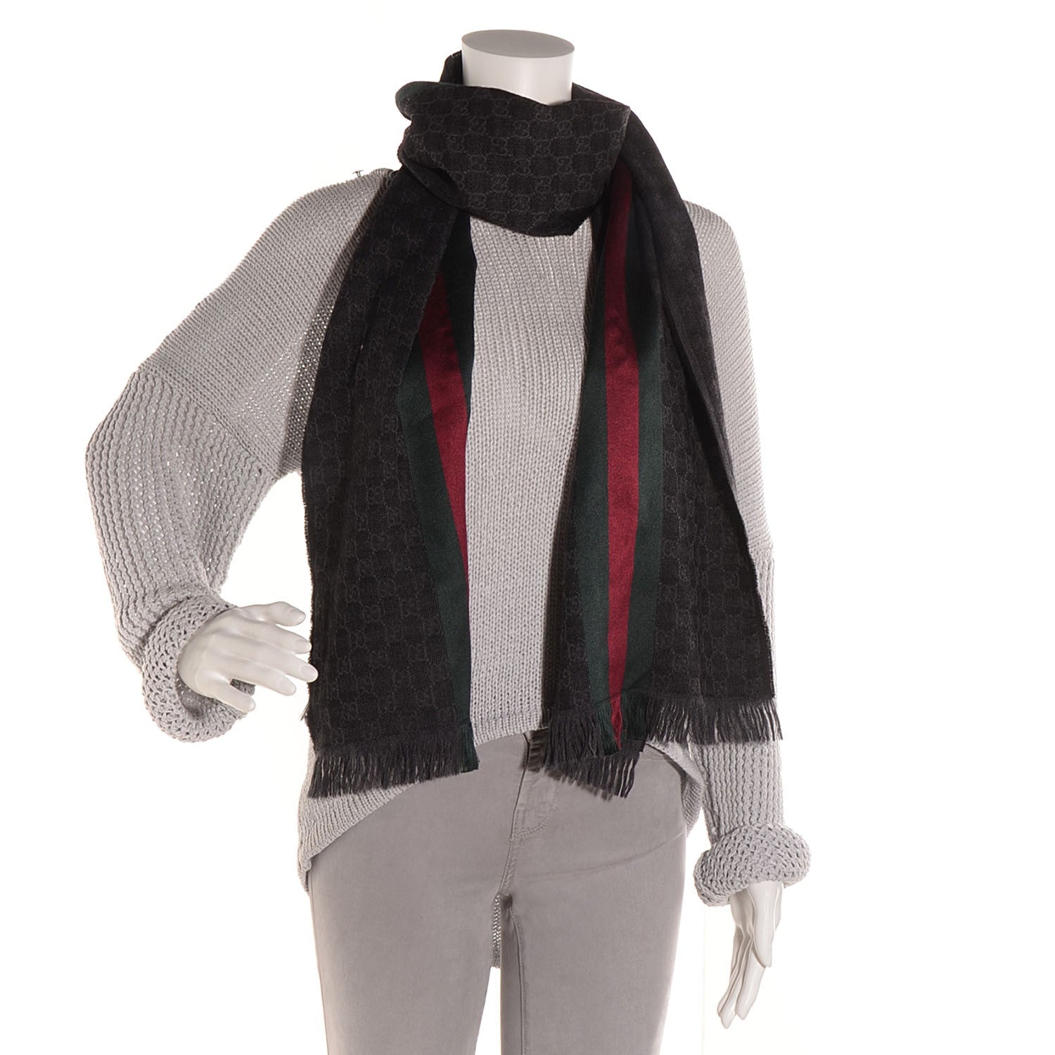 Gucci Wool Silk GG Monogram Web Verbier Fringe Scarf Black 2 of 6