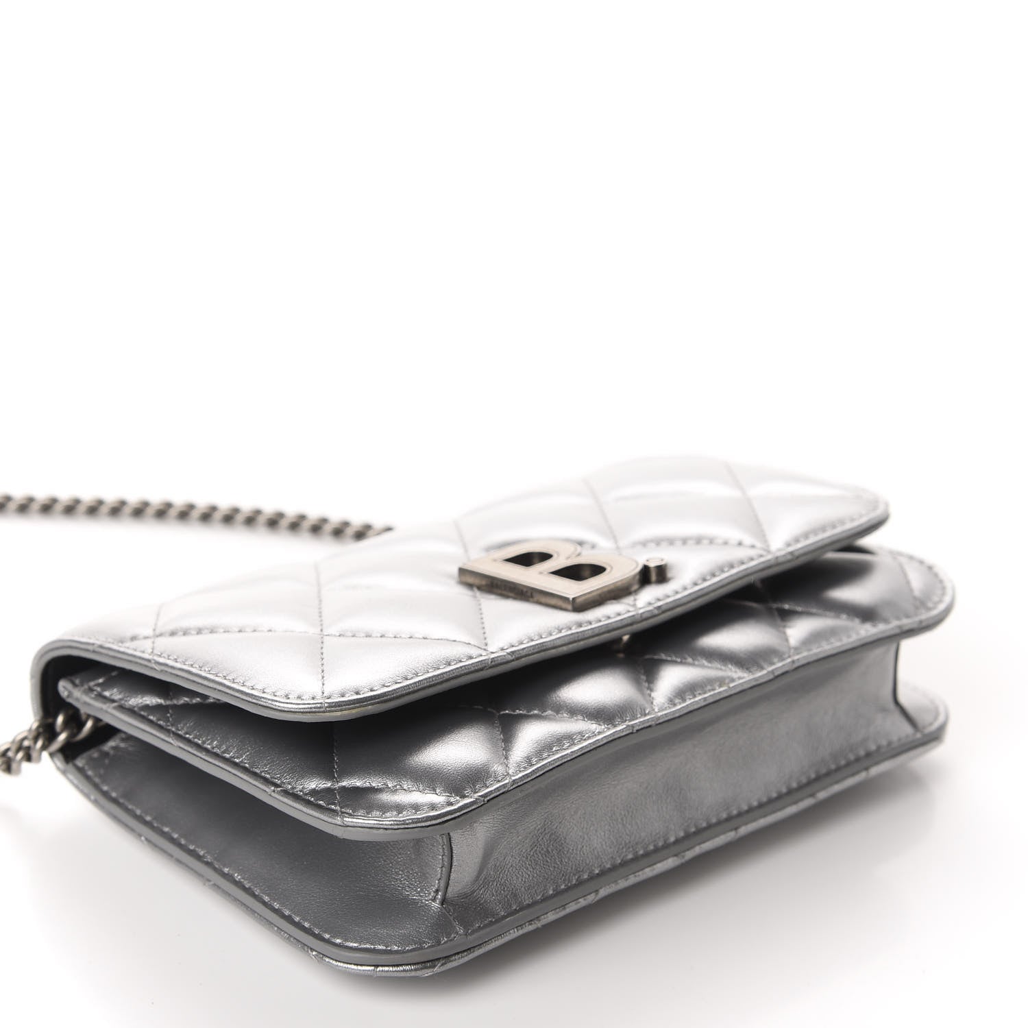 Balenciaga Metallic Calfskin Quilted Touch B Wallet On Chain Silver 4 of 9