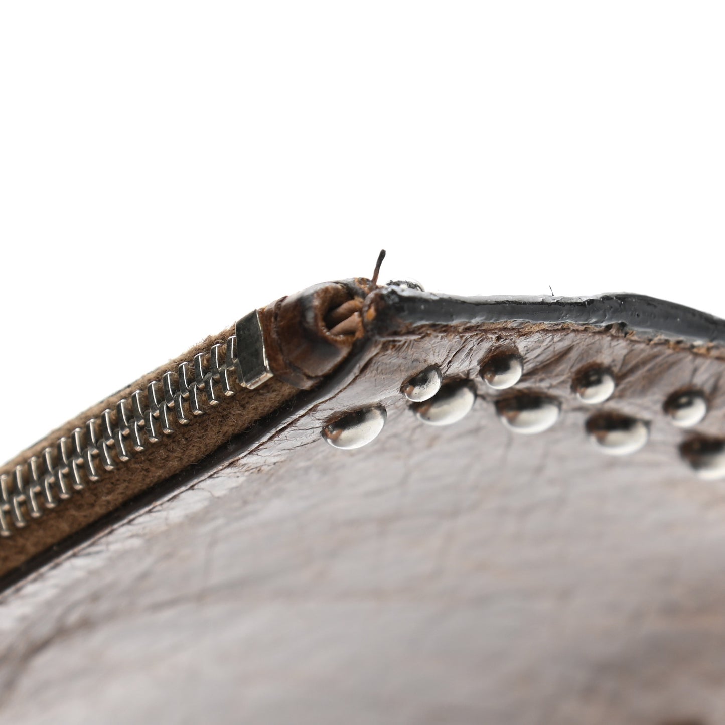 Aged Calfskin Studded Zip Clutch Brown