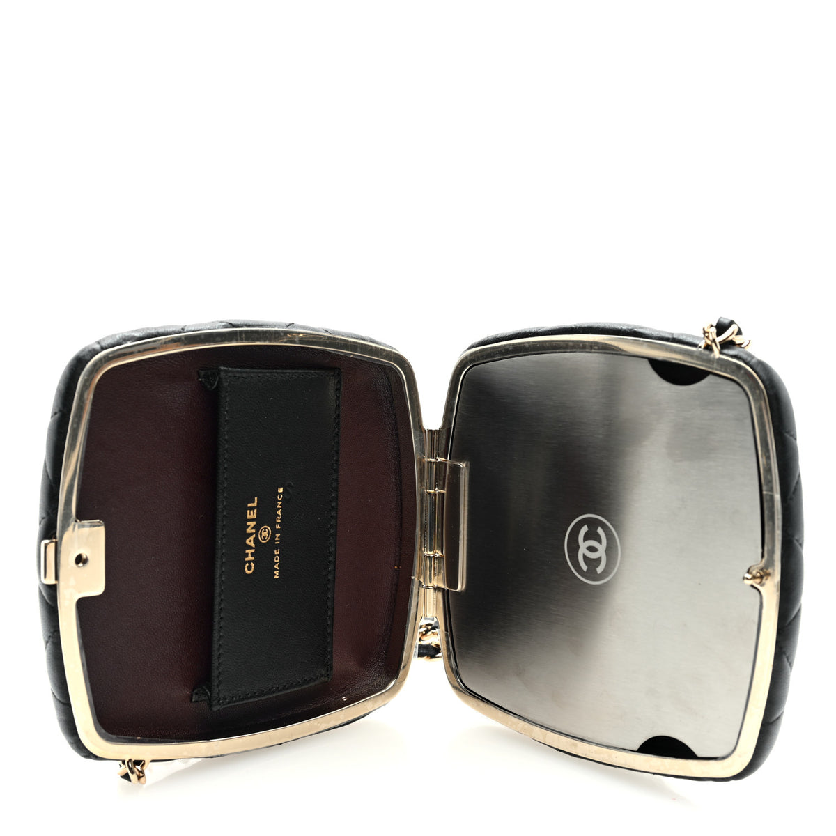 Lambskin Quilted Compact Vanity Case Purse With Chain Black