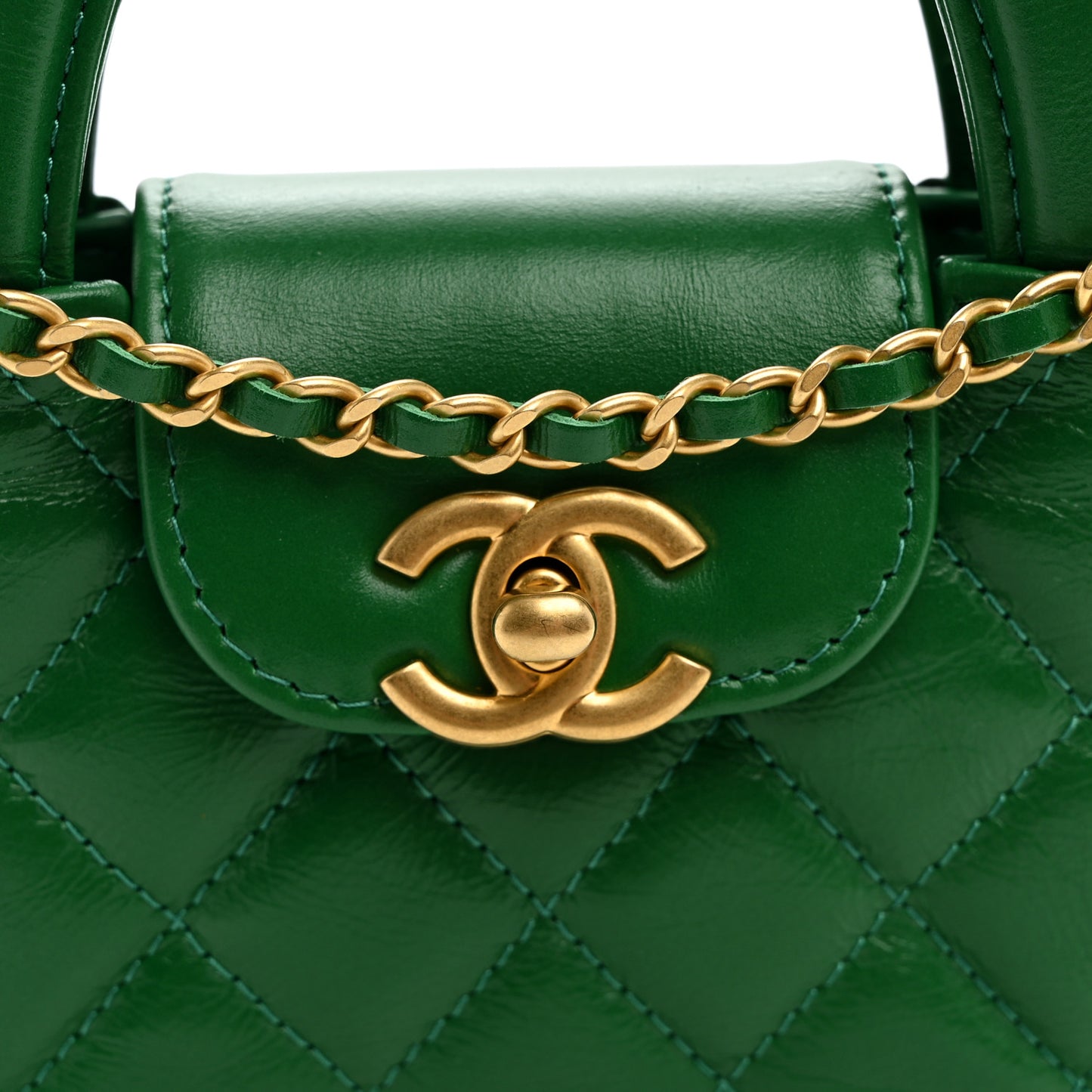 Shiny Aged Calfskin Quilted Mini Nano Kelly Shopper Green