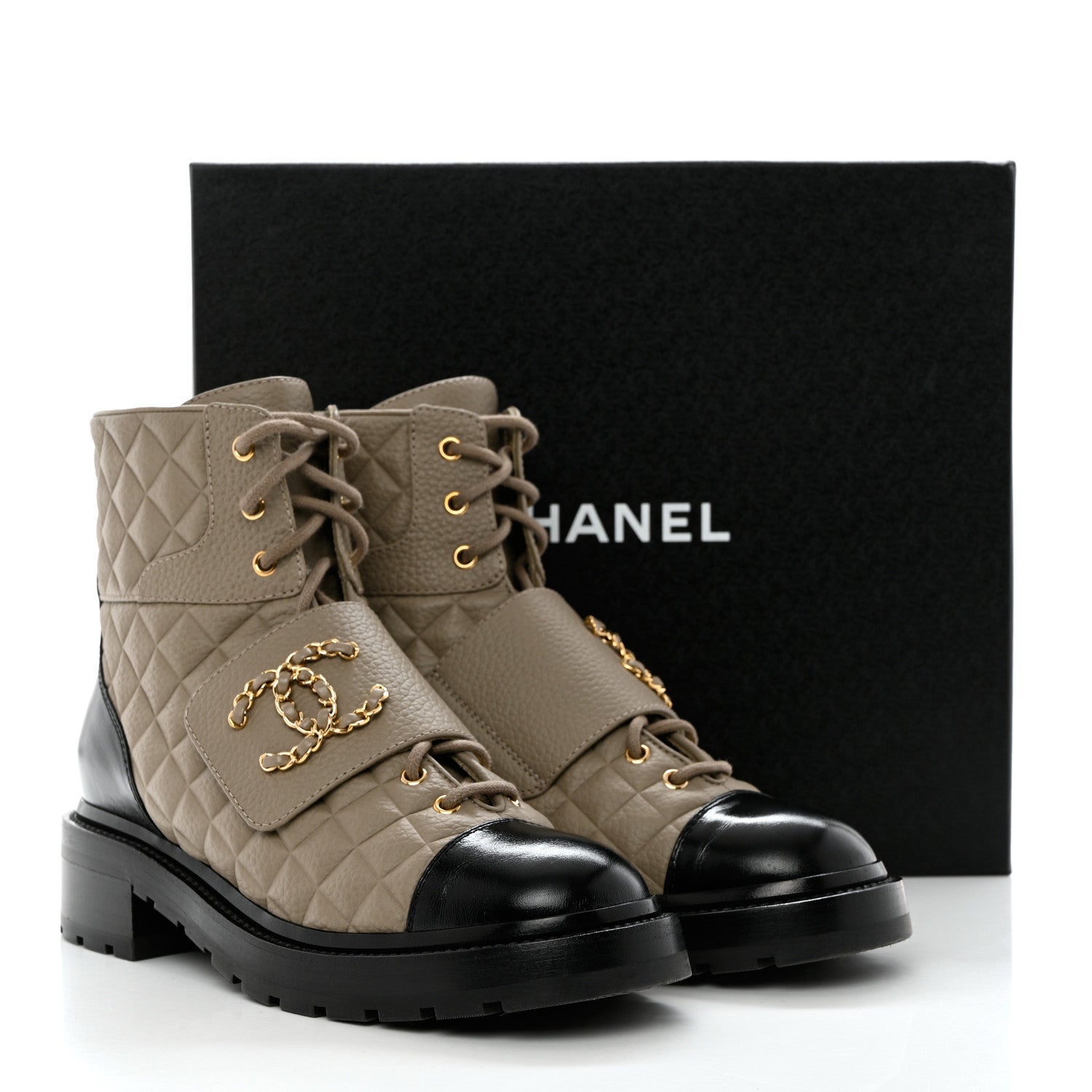 Chanel Calfskin Shiny Calfskin Quilted Lace Up Combat Boots 40.5 Dark Beige Black 9 of 9
