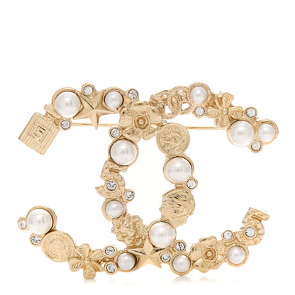 Chanel Crystal Pearl CC Charms Brooch Gold 1 of 4