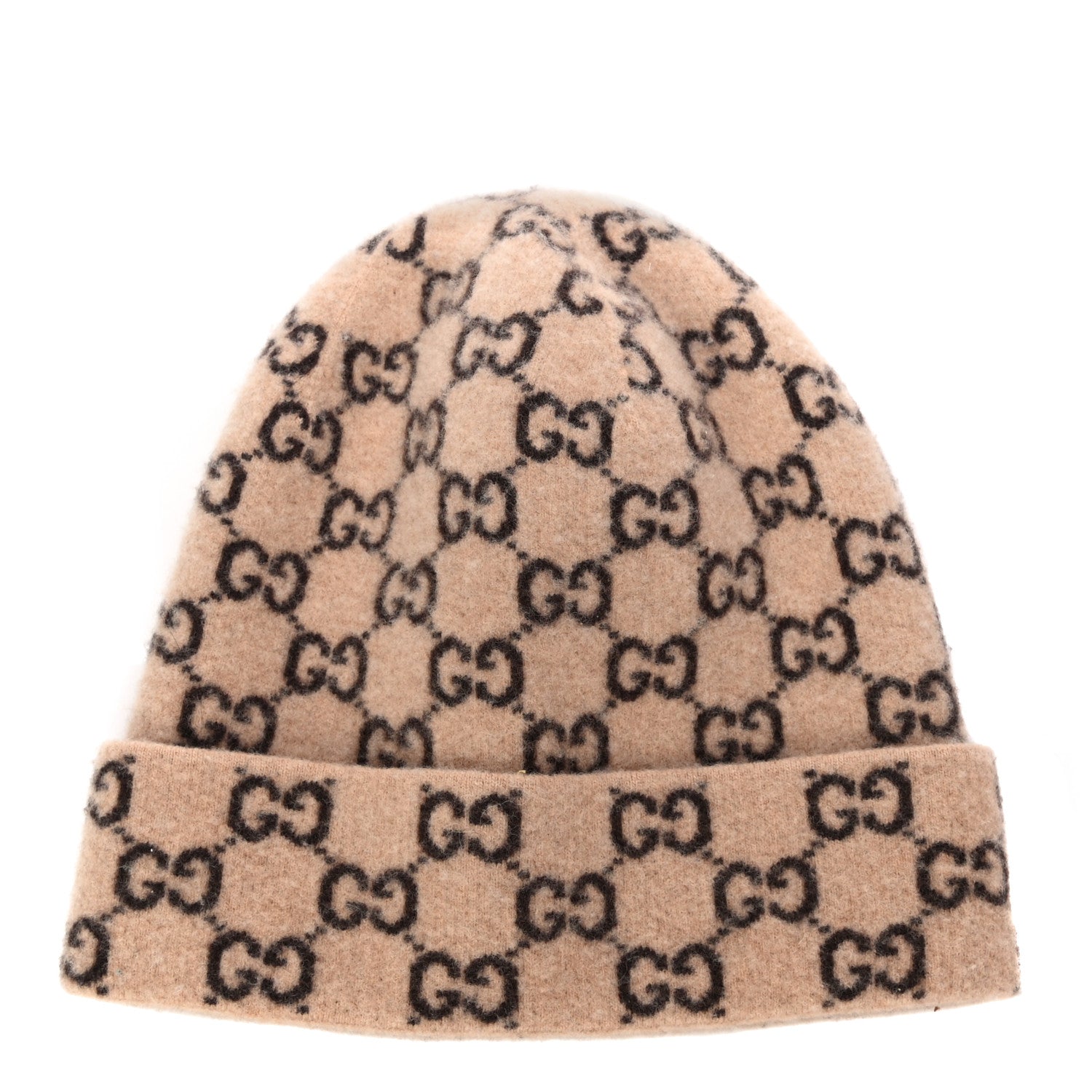 Gucci Wool GG Monogram Fog Tricot Beanie Hat M Beige Dark Brown 1 of 9