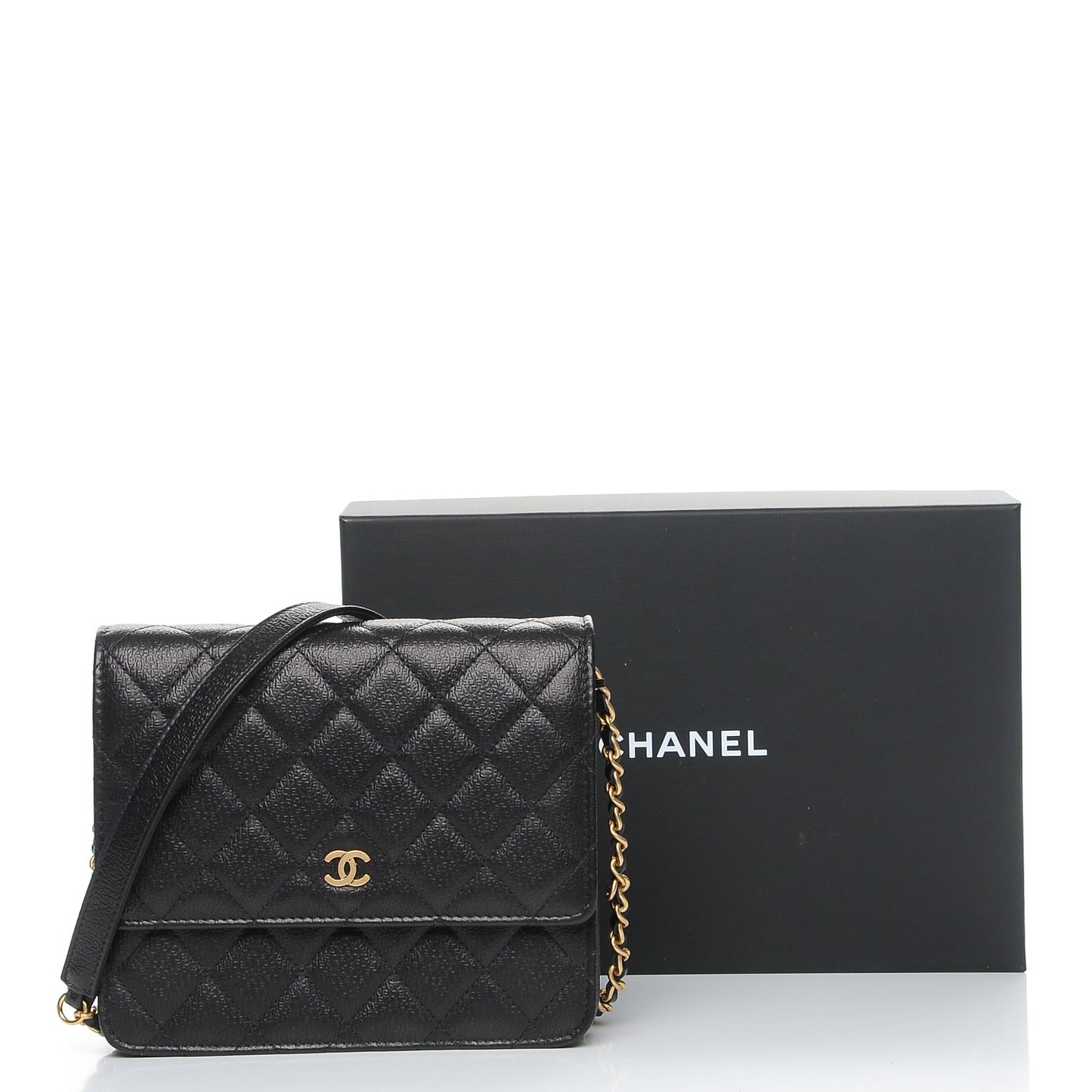 Letter Calfskin Embossed Quilted Square Wallet On Chain WOC Black