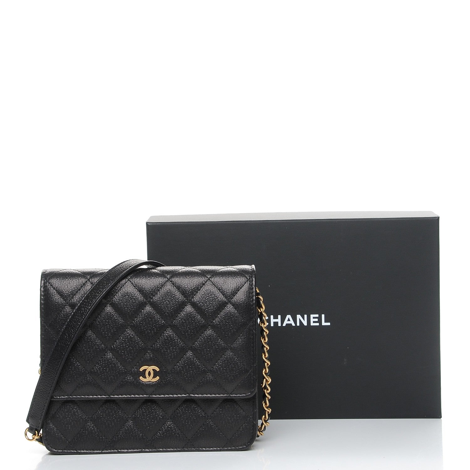 Chanel Letter Calfskin Embossed Quilted Square Wallet On Chain WOC Black 9 of 9