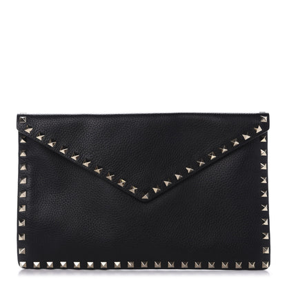 Valentino Garavani Pebbled Calfskin Large Rockstud Envelope Clutch Black 1 of 9