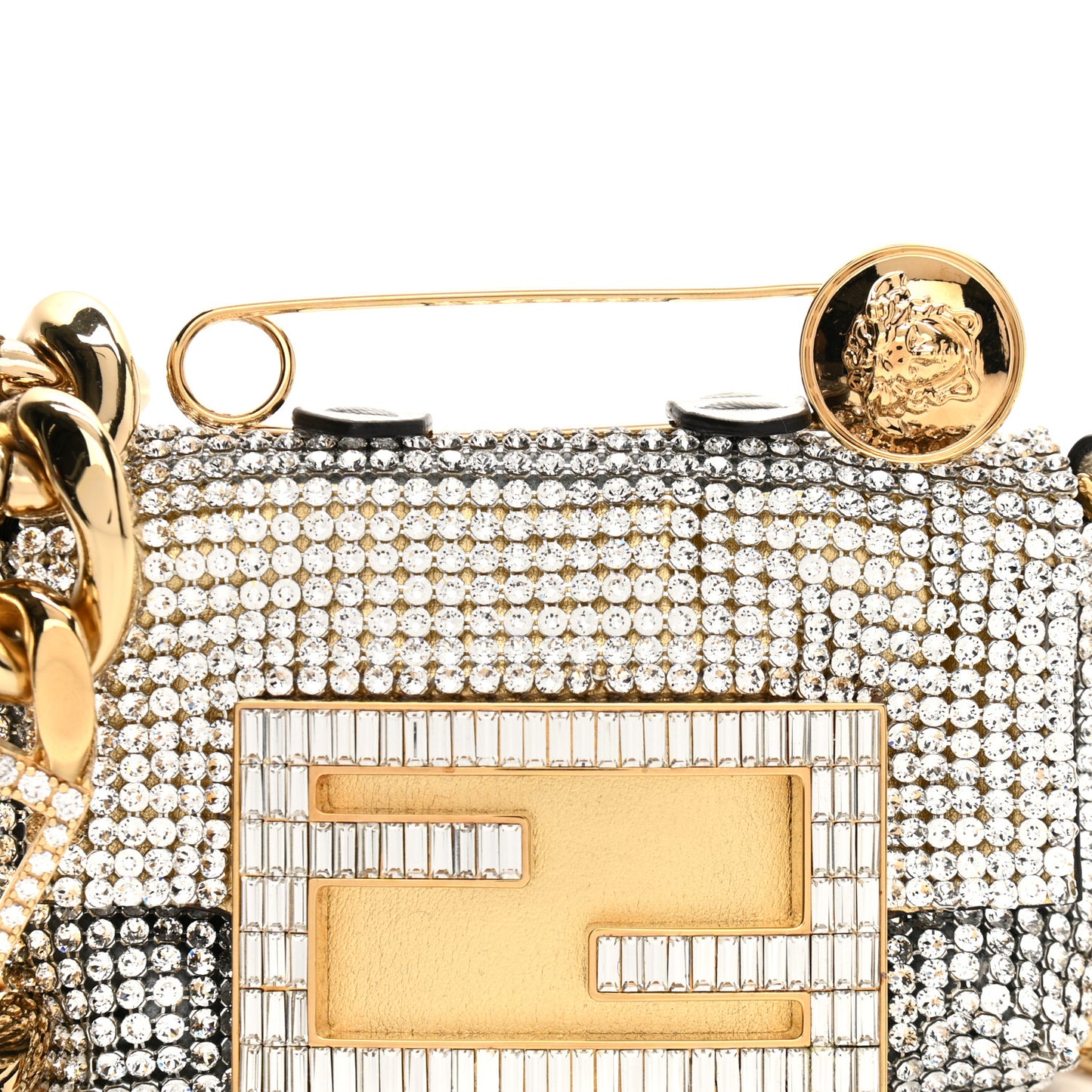 X VERSACE Crystal Fendace Nano Brooch Baguette Gold Silver