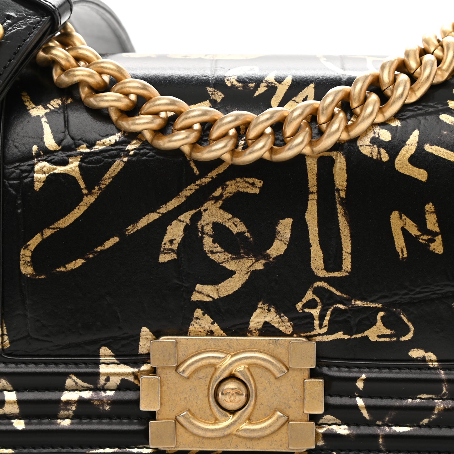 Calfskin Crocodile Embossed Graffiti Cocodile Small Boy Flap Black Gold