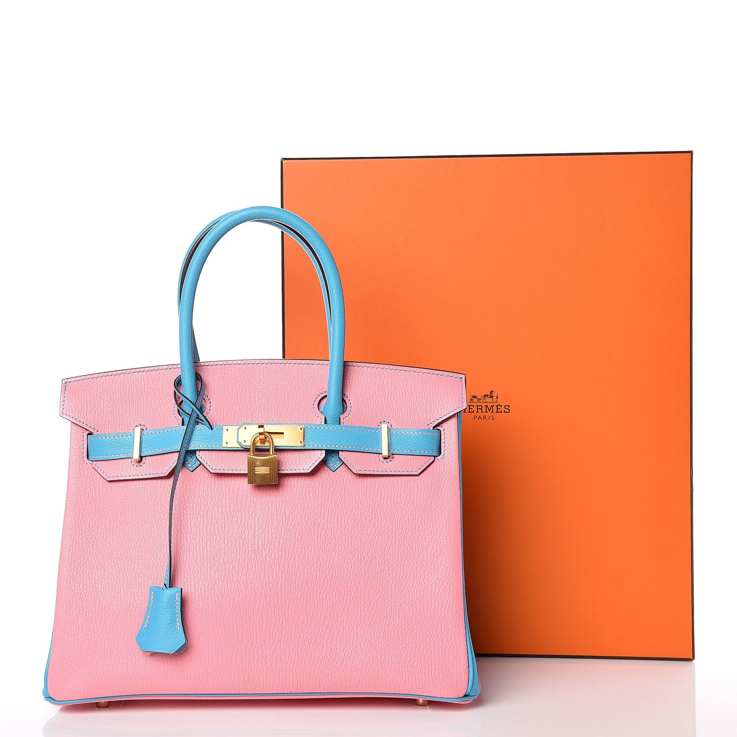 Chevre Bi-Color Horseshoe Birkin 30 Rose Confetti Bleu Azteque