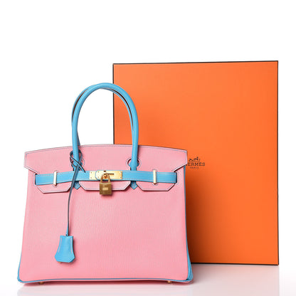 Hermes Chevre Bi-Color Horseshoe Birkin 30 Rose Confetti Bleu Azteque 10 of 10