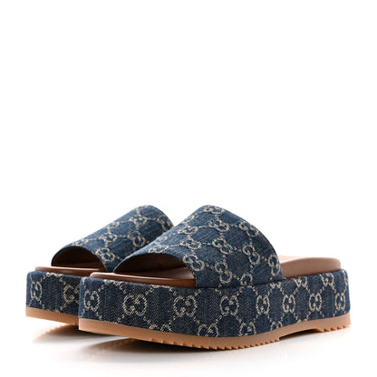 Gucci New Denim GG Monogram Angelina Platform 55mm Slide Sandals 37 Blue Tea 3 of 10