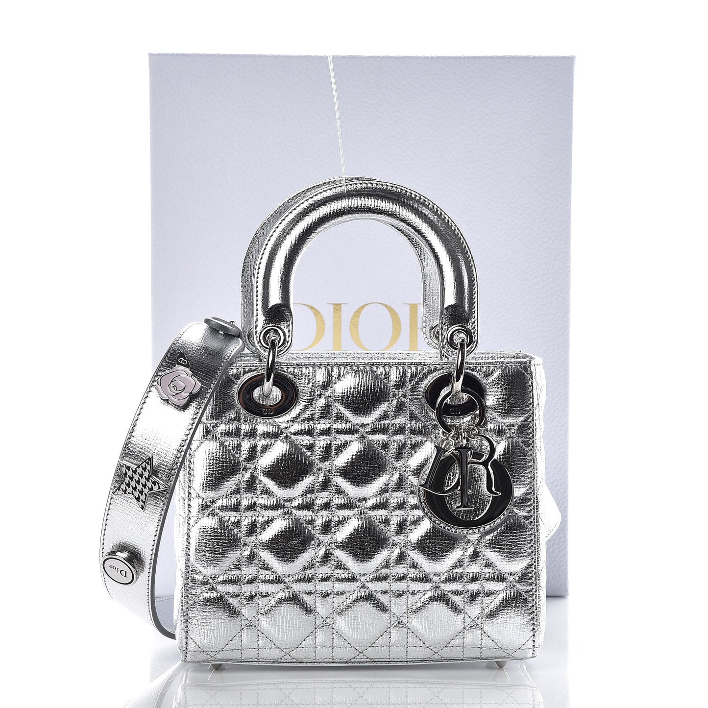 Metallic Grained Calfskin Cannage Small Lucky Badges My Lady Dior Silver