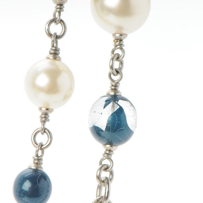Chanel Pearl Bead CC Long Necklace Blue Silver 3 of 7
