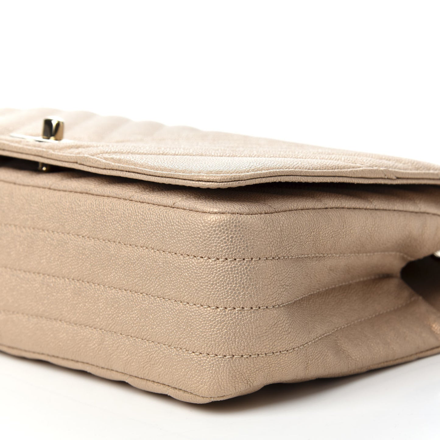 Metallic Caviar Chevron Quilted Medium Statement Flap Beige