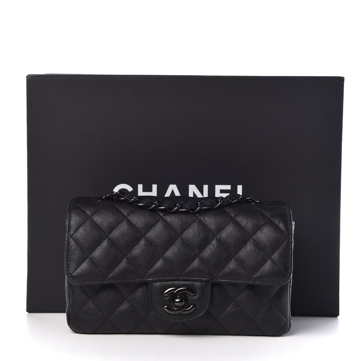Crumpled Calfskin Quilted Mini Rectangular Flap So Black