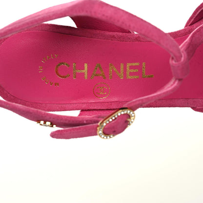 Chanel Suede Lambskin Cap Toe Crystal Slingback Pumps 37 Fuchsia Black 5 of 9