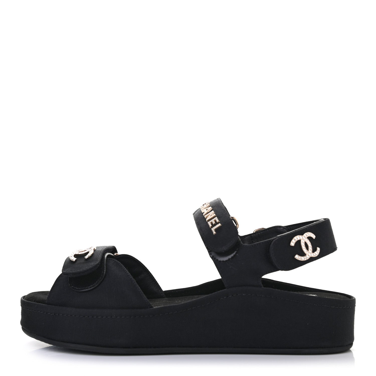 Chanel Grosgrain Crystal Logo Platform Sandals 38 Black 1 of 8