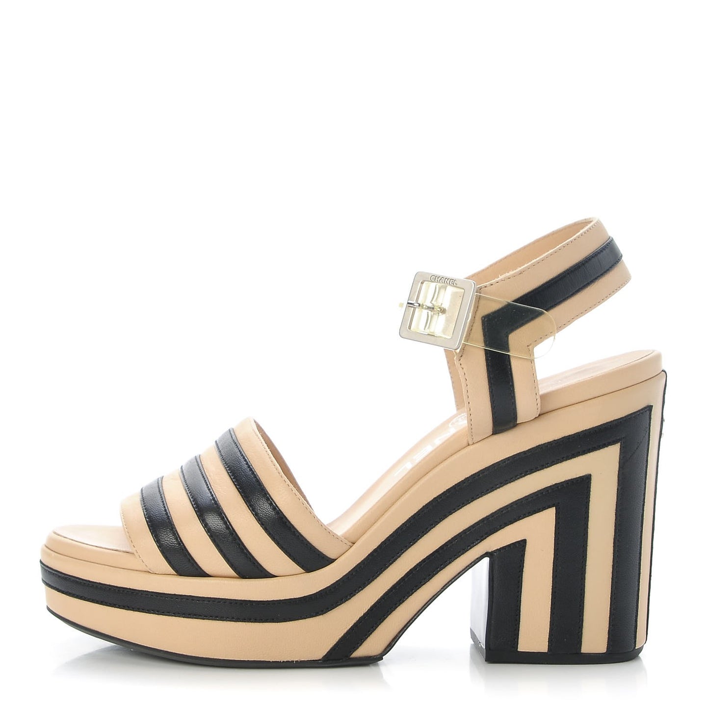 Lambskin Striped Wedge Sandals 35 Beige Black