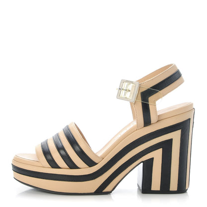 Chanel Lambskin Striped Wedge Sandals 35 Beige Black 1 of 21